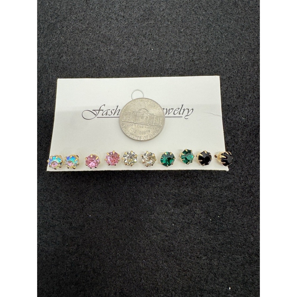 5 Pairs Multicolor Crystal Rhinestone Stud Earrings Gold Tone New